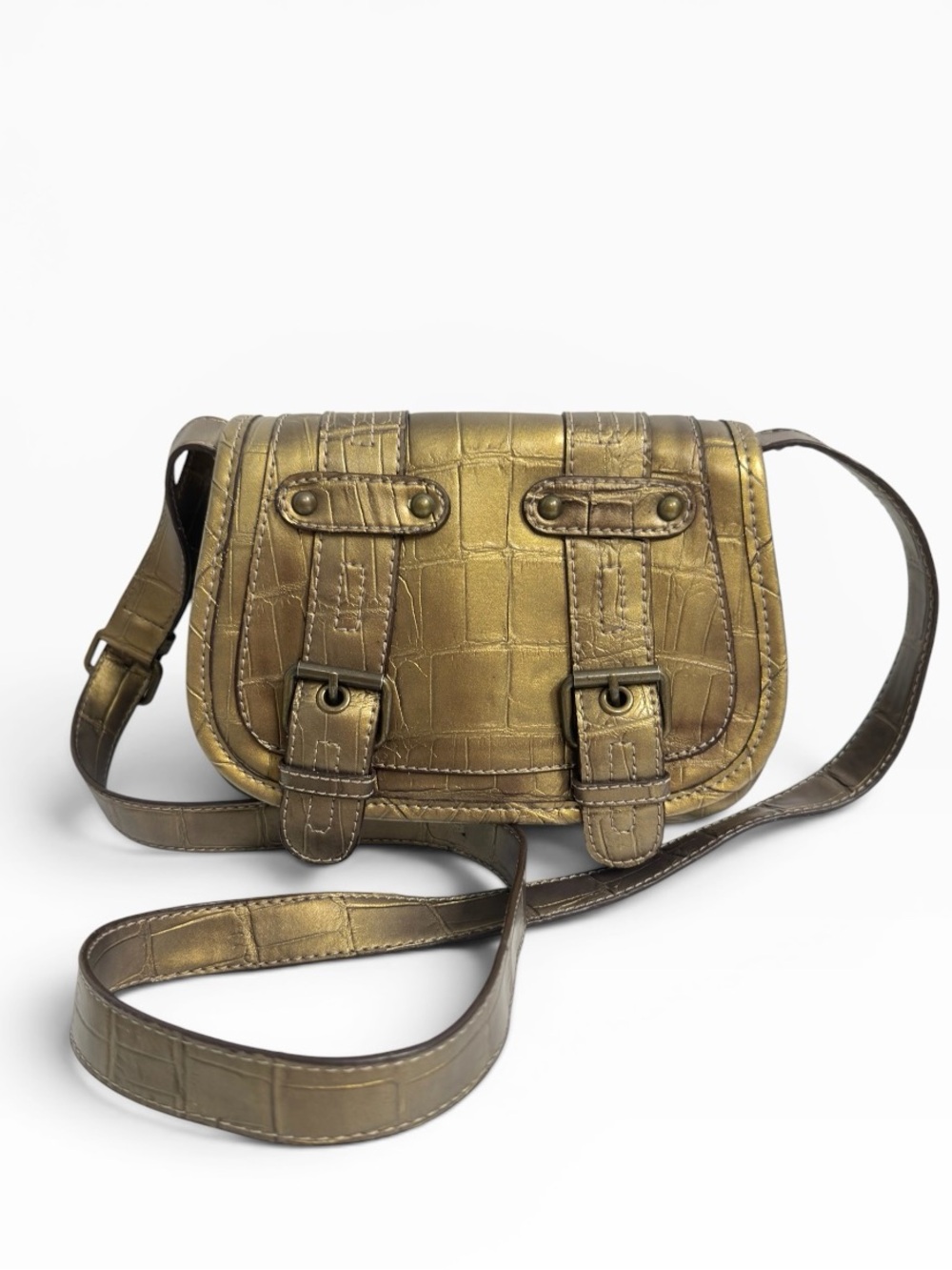 Nine West Gold Croc Embossed Crossbody Purse Metallic Faux Leather Bag Chic